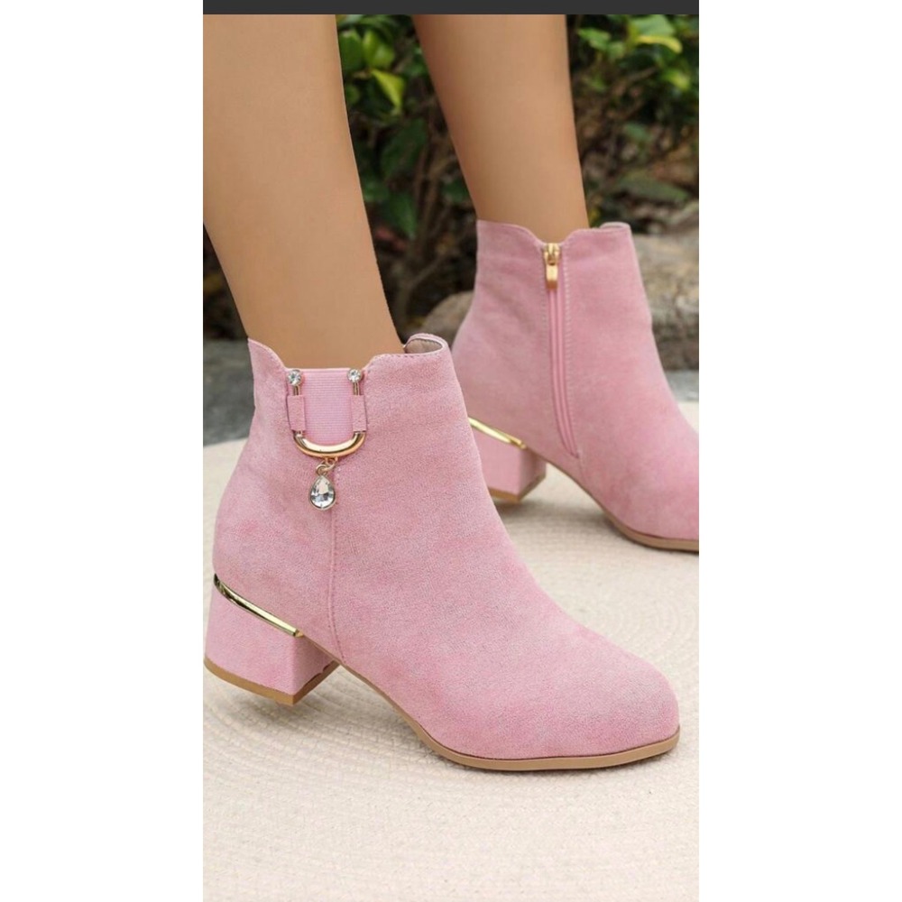 Faux Suede Ankle Boots Crystal Charm Gold Trim Block Heel Women 40 Pink 
Barbie